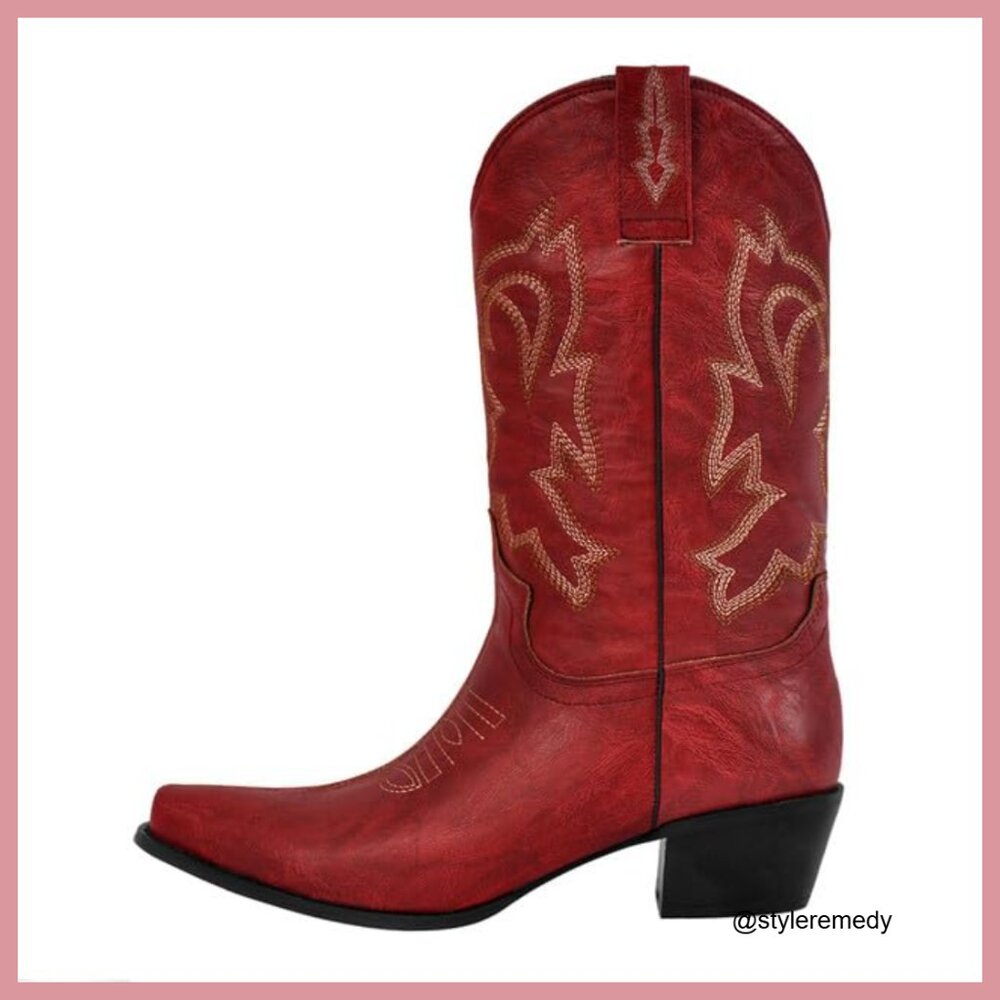 Faux Leather Western Boots with Embroidered Design, Pointed Toe - Picture 4 of 7